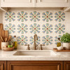 Mexican talavera relief tile floral cross pattern used as kitchen backsplash with strong relief and solid colors