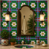 Talavera relief tile white floral medallion used on a bathroom wall adding depth and handcrafted character