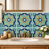 Mexican relief tile celtic knot design featured on bathroom vanity wall with sculpted surface