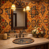Talavera geometric mexican relief ceramic tile featured behind bathroom vanity with pronounced relief and solid colors