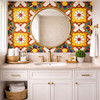 Talavera relief tile floral medallion square used on a bathroom wall adding sculptural depth and warmth