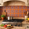 Terracotta blue floral mexicanrelief tile design installed as a vibrant kitchen backsplash with natural light