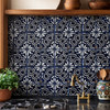 Mexican relief tile interlaced cobalt knot in kitchen backsplash with Spanish Colonial style