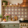 Mexican relief tile pink floral kitchen backsplash with handpainted medallion flowers in strong relief design