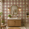 Mexican relief tile pink floral bathroom wall installation featuring raised pink petals and red curved motifs