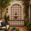 Mexican relief tile pink floral patio wall decorated with repeating pink floral medallion relief tile patterns