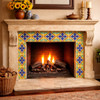 Talavera diamond fleur cross relief tile surrounding a fireplace accent with colonial character