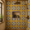 Talavera rounded cross mexican relief tile decorative applied in a shower wall showing clear grout lines and dimensional form