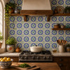 Mexican relief tile blue cross with white 4x4 border pattern installed on a rustic kitchen backsplash with natural light