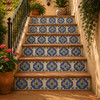 Mexican relief tile blue cross with white border pattern 6x6 covering stair risers in a traditional rustic interior design