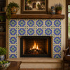 Mexican relief tile blue cross with white border 6x6 pattern decorating a fireplace surround in a spacious living room