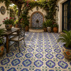 Mexican 4x4 relief tile blue cross with white border pattern enhancing a patio wall in a bright outdoor Mediterranean space
