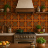 Mexican relief tile terracotta lilies decorating a rustic kitchen wall with natural light and windows