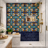 Talavera relief tile diamond scroll motif pattern used in a shower interior highlighting depth and geometry