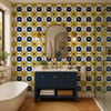 Talavera relief tile cobalt geometric flower pattern enhancing a bathroom wall with sculpted ceramic texture