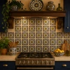 Mexican relief tile yellow medallion floral installed as a colorful kitchen backsplash with artisan style