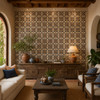 Mexican relief tile floral terracotta featured as a vibrant accent wall in a rustic interior setting