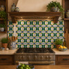 Mexican relief tile blue green floral installed as a vibrant kitchen backsplash with artisan style