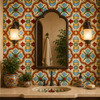 Symmetrical medallion talavera relief tile used on a bathroom vanity wall creating architectural texture