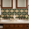 Moorish cross lattice relief tile used on a bathroom vanity wall adding structure and visual weight