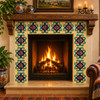 Talavera relief tile with floral scroll framing a colonial fireplace in a hacienda-style interior