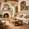 Talavera Floral Scroll Tile with Turquoise Design on fireplace surround in Spanish-style living room interior