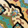 Talavera Floral Scroll Tile with Turquoise Design showing hand-painted floral motif with red accents and black outlined scroll details