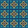 Relief talavera tile with blue and gold design put together side by side to visualize how they look installed on the backsplash wall