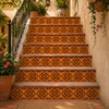 Mexican relief tile floral star design placed on traditional terracotta stair risers with contrast grout