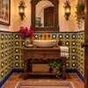 Tonala floral mexican relief tile featured as a decorative accent in a hacienda powder room