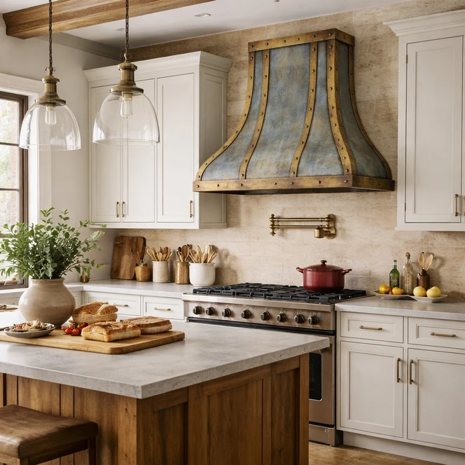 Antique Zinc Range Hood with Brass Straps and Rivets Guide