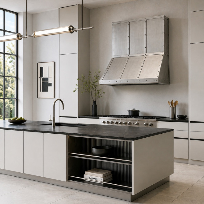 Riveted Three-Bay Zinc Range Hood with Projecting Apron Guide
