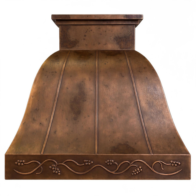 Bell Copper Range Hood with Floral Apron Lifestyle Images