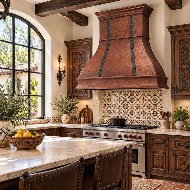 Bell Copper Range Hood with Forged Iron Straps and Stepped Crown Guide