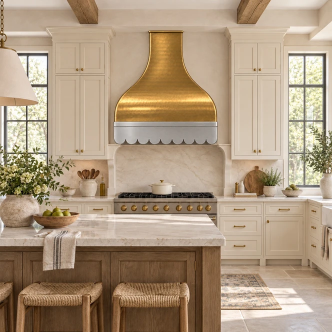 Brass Range Hood with Zinc Apron and Iron Frame Guide