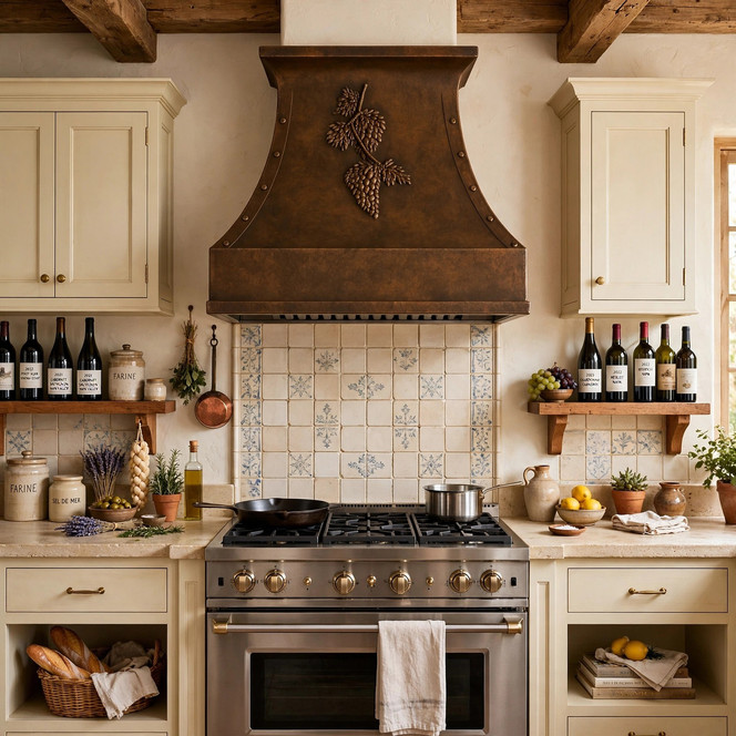 Vineyard Bell Copper Range Hood with Grapevine Relief Guide