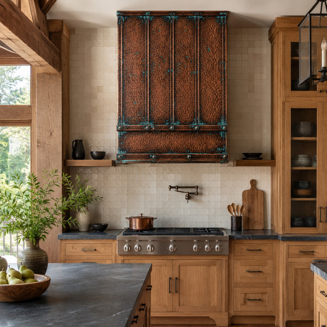 Hammered Copper Tower Range Hood with Verdigris Straps Guide