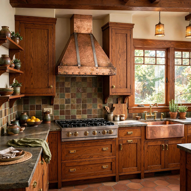 Hammered Pyramid Copper Range Hood with Zinc Straps Guide