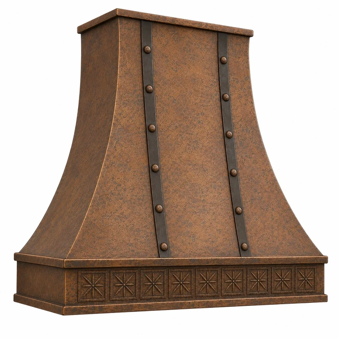 Flared Copper Range Hood with Iron Straps and Starflower Apron Kitchen Images