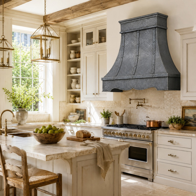 Hammered Aged Zinc Bell Range Hood with Shaped Apron Guide