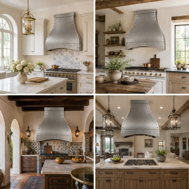 Hammered Zinc Bell Range Hood with Curved Apron Guide