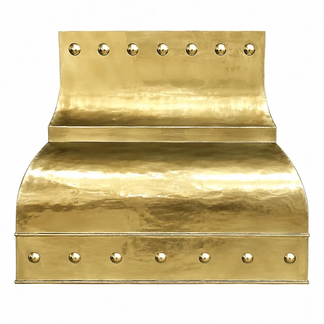 Gold Brass Range Hood with Polished Rivets Kitchen Images