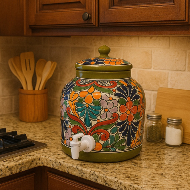 Green Talavera Water Dispenser Jar – Hand-Painted Ceramic