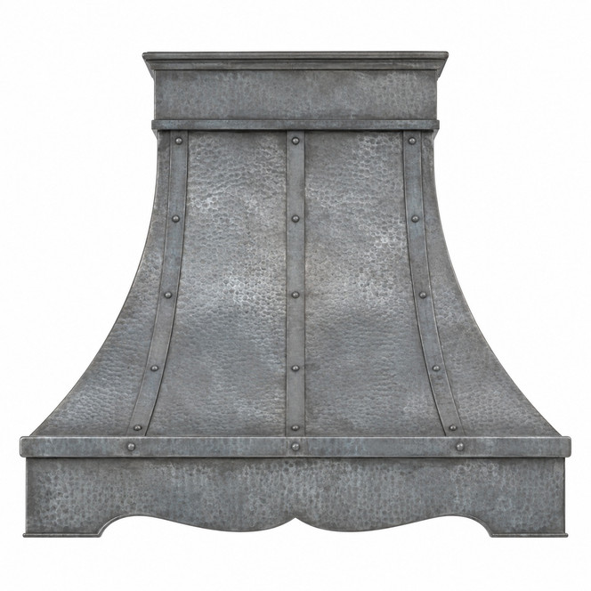 Hammered Aged Zinc Bell Range Hood with Shaped Apron Kitchen Images