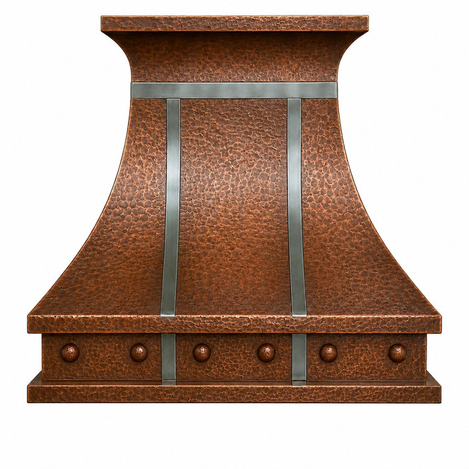 Hammered Copper Bell Range Hood with Zinc Straps Kitchen Images