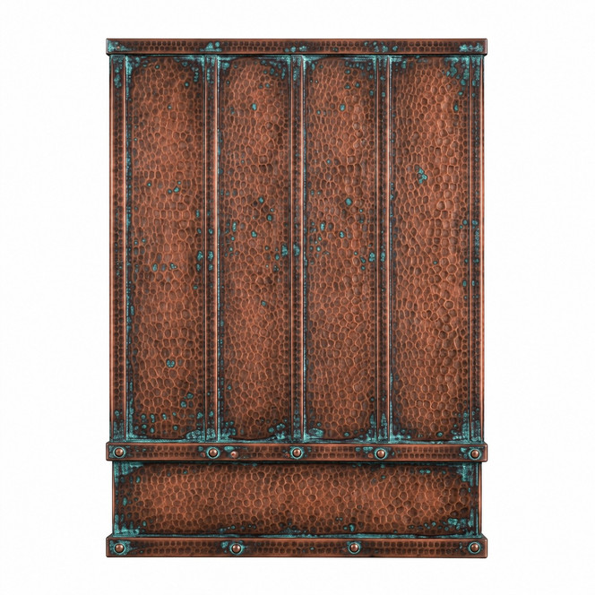 Hammered Copper Tower Range Hood with Verdigris Straps Kitchen Images