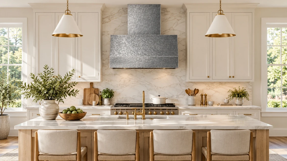 Hammered Zinc Range Hood with Rectangular Canopy Guide