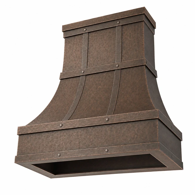 Hand-Hammered Bell Copper Range Hood with Four Banded Rails Kitchen Images