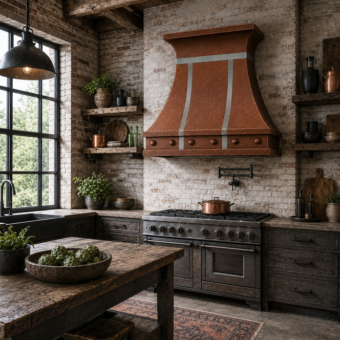Hammered Copper Bell Range Hood with Zinc Straps Guide
