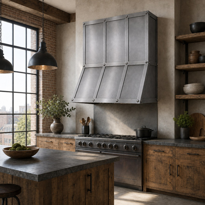 Zinc Range Hood with Riveted Three-Bay Panel Guide